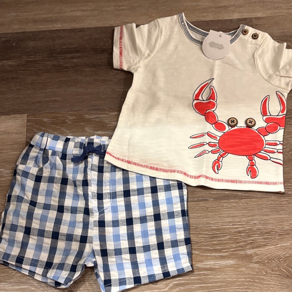 NWT-Mud Pie White and Red Crab Tee with Blue Checkered Shorts